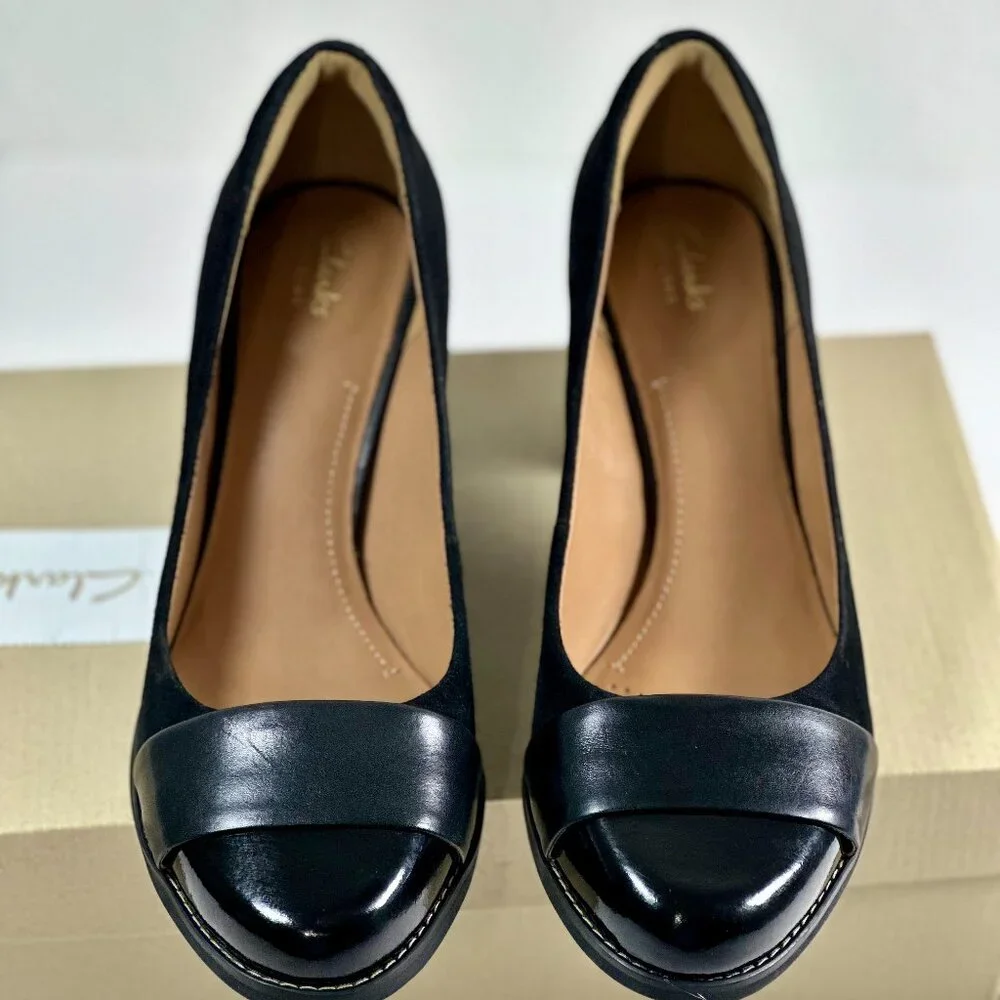 Clarks Artisan Tarah Brae Black Suede Patent Leather Pumps Women’s Size 6.5M - Picture 2 of 16